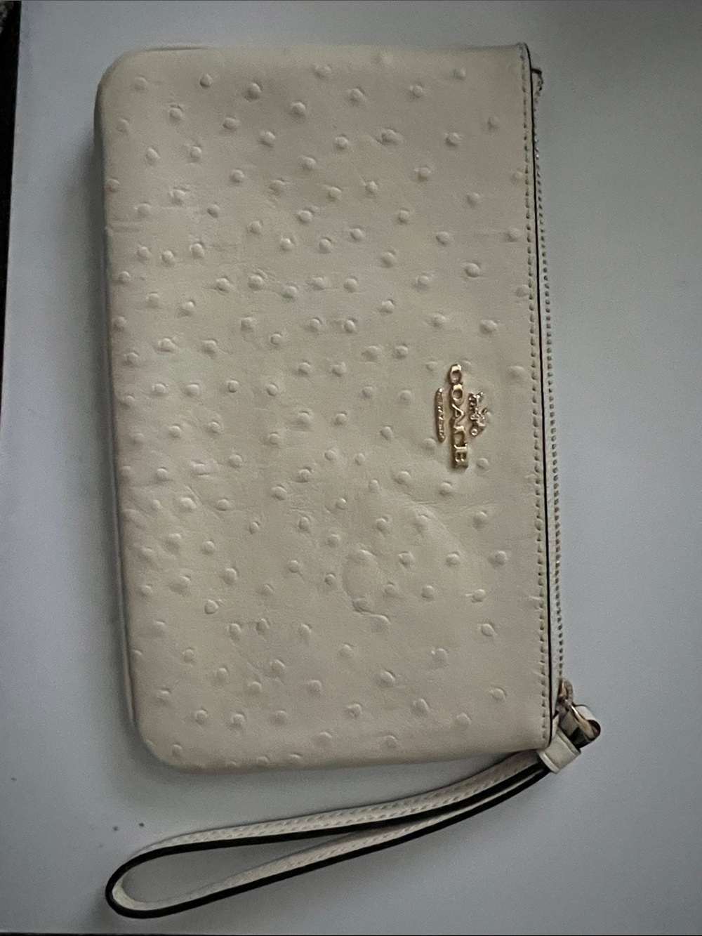 Coach Cream Ostrich-Embossed Leather Wristlet with Gold Hardware; NEW